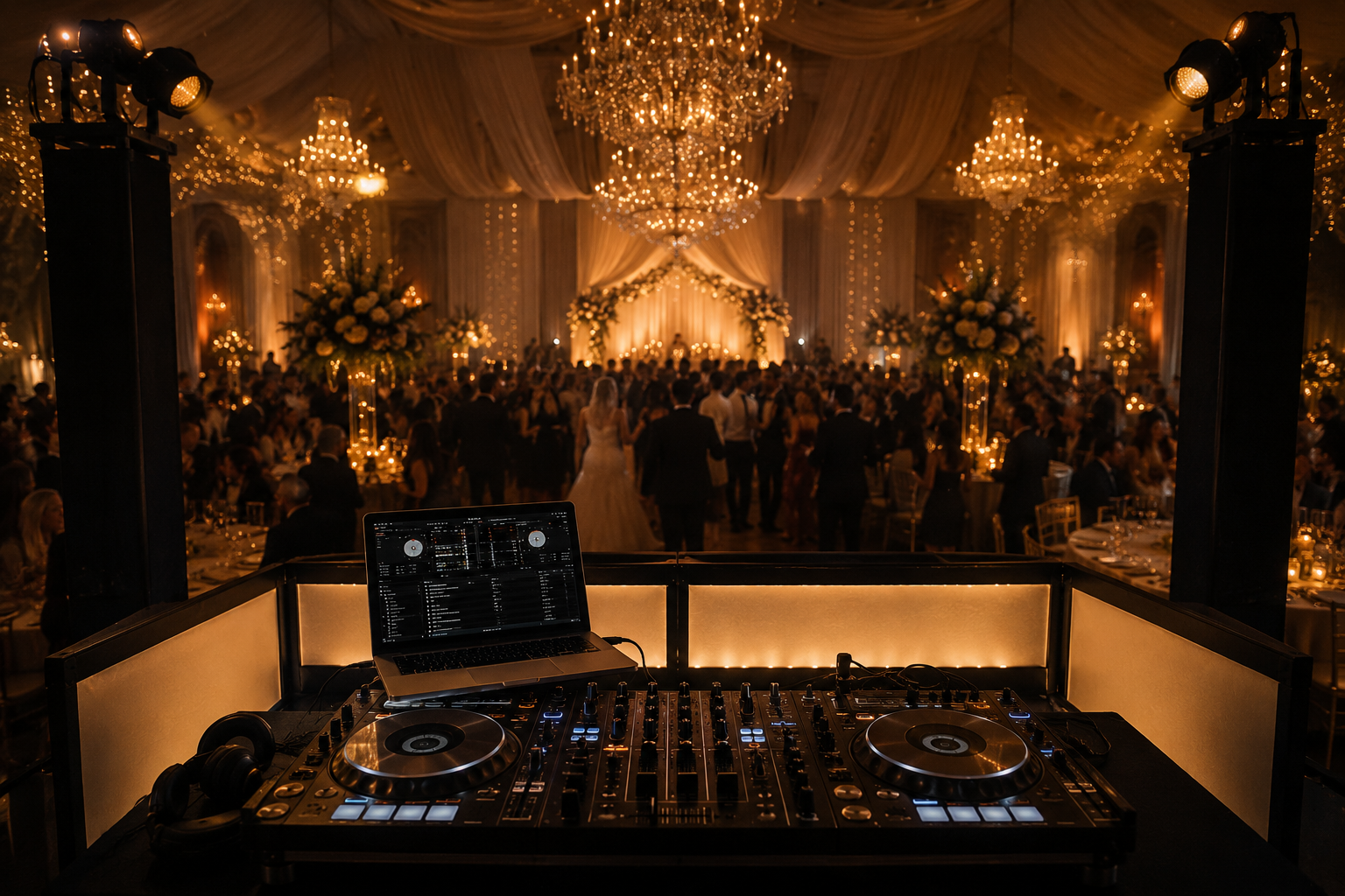 Elegant wedding ballroom with chandeliers and DJ setup