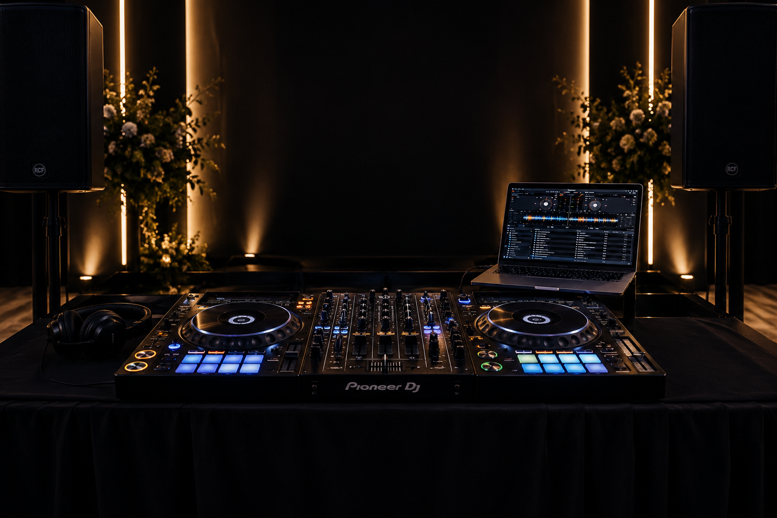 Pioneer DJ controller setup with laptop, speakers and warm uplighting at an event
